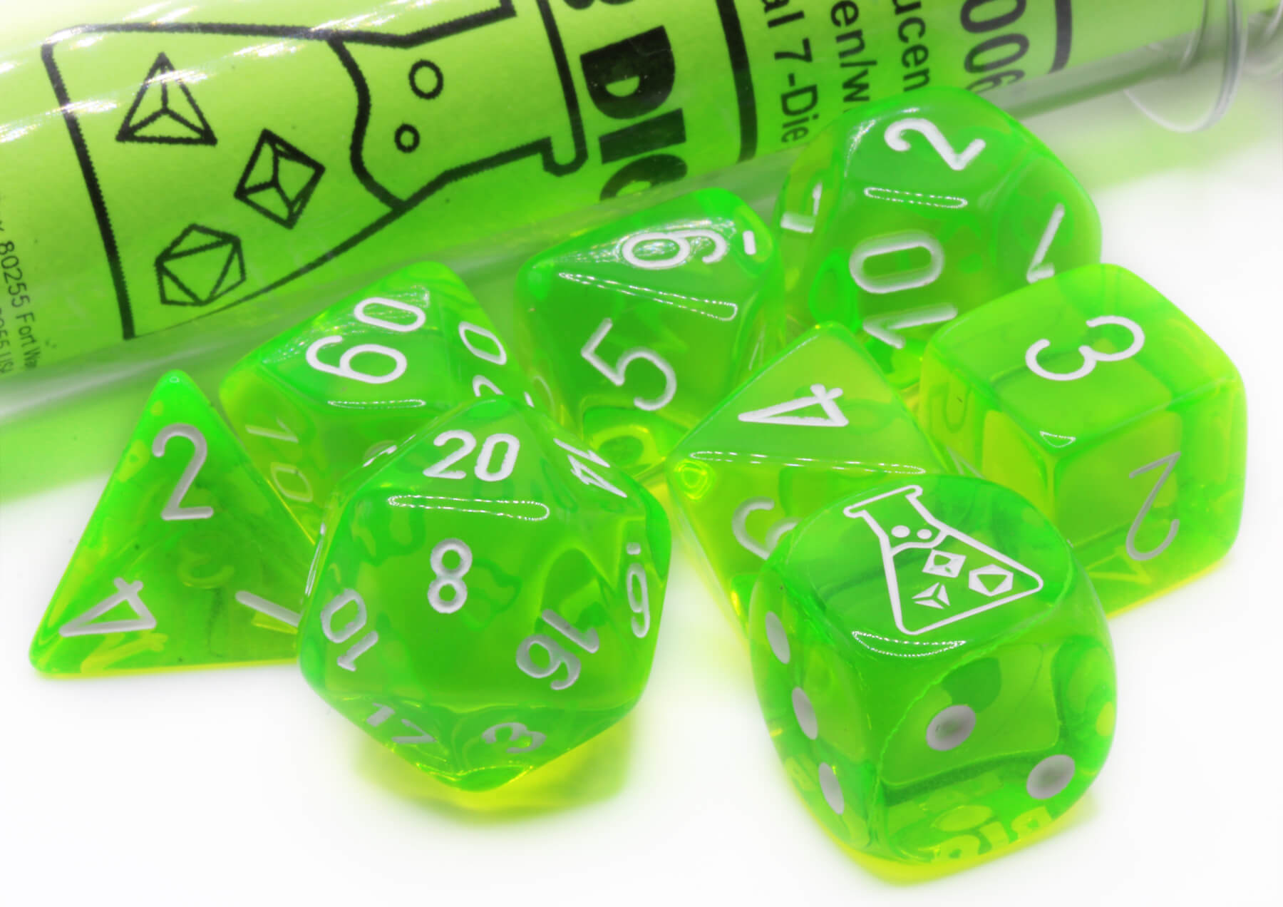 Chessex Lab Dice VII Rad Green on sale at Dark Elf Dice