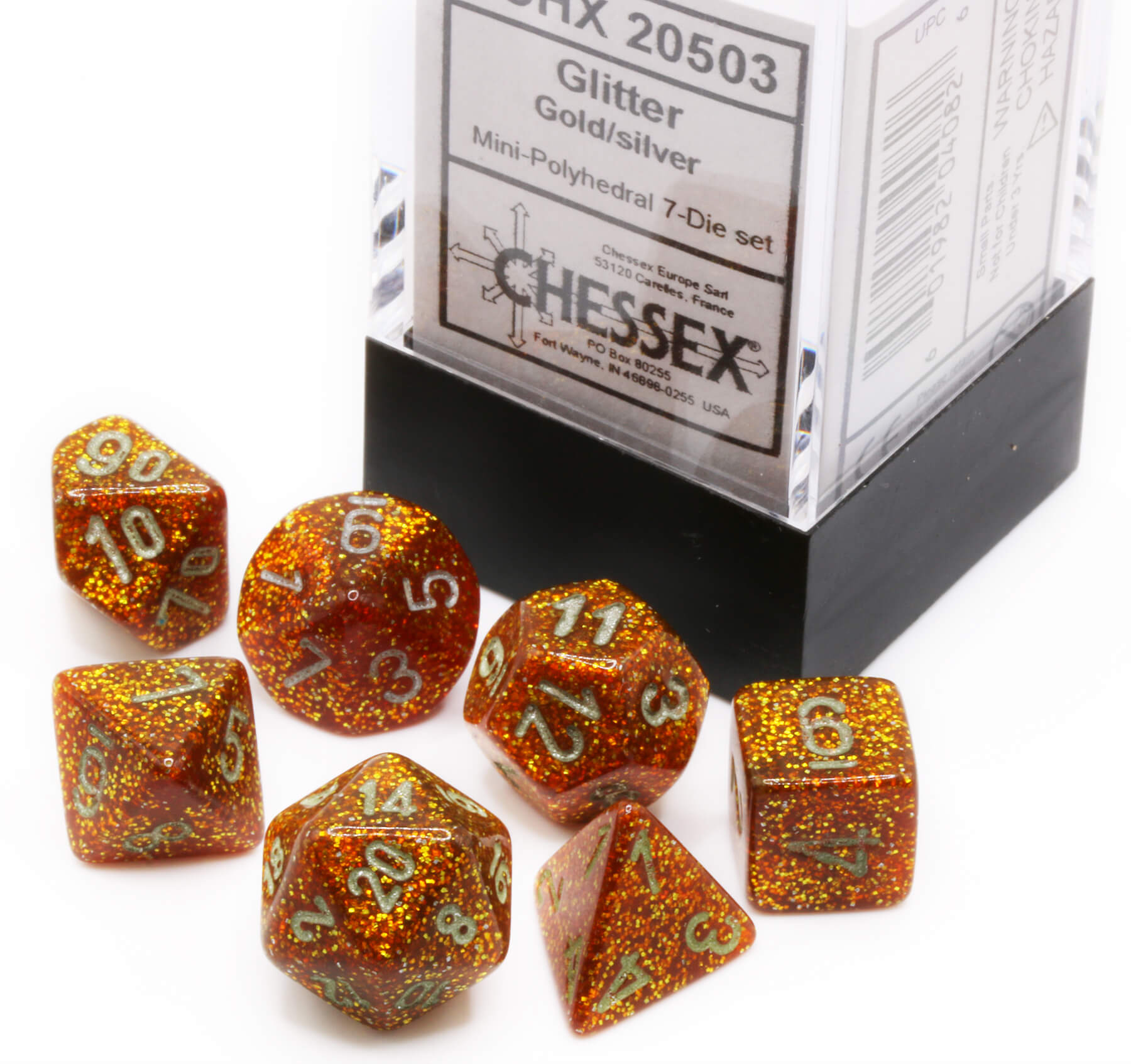 Glitter Gold Mini Dice set at Dark Elf Dice