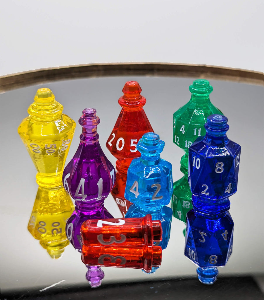 Beautiful ttrpg dice in potion bottle shapes