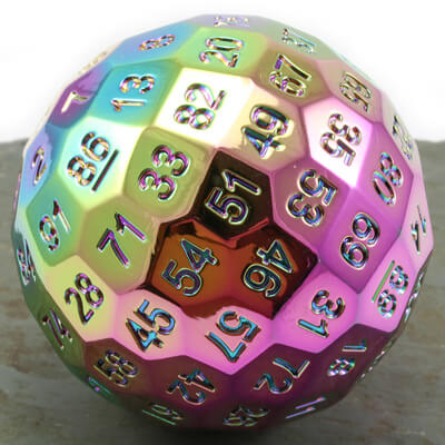 d100 dice collection showing a metal rainbow 100-sided