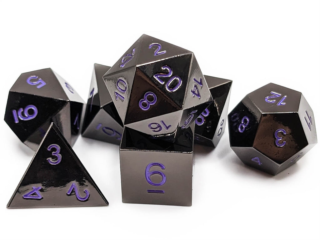 Black metal dice with purple numbers for sale at Dark Elf Dice