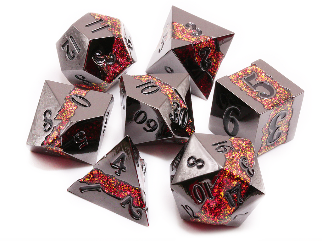 Crucible dice set metal with black and red