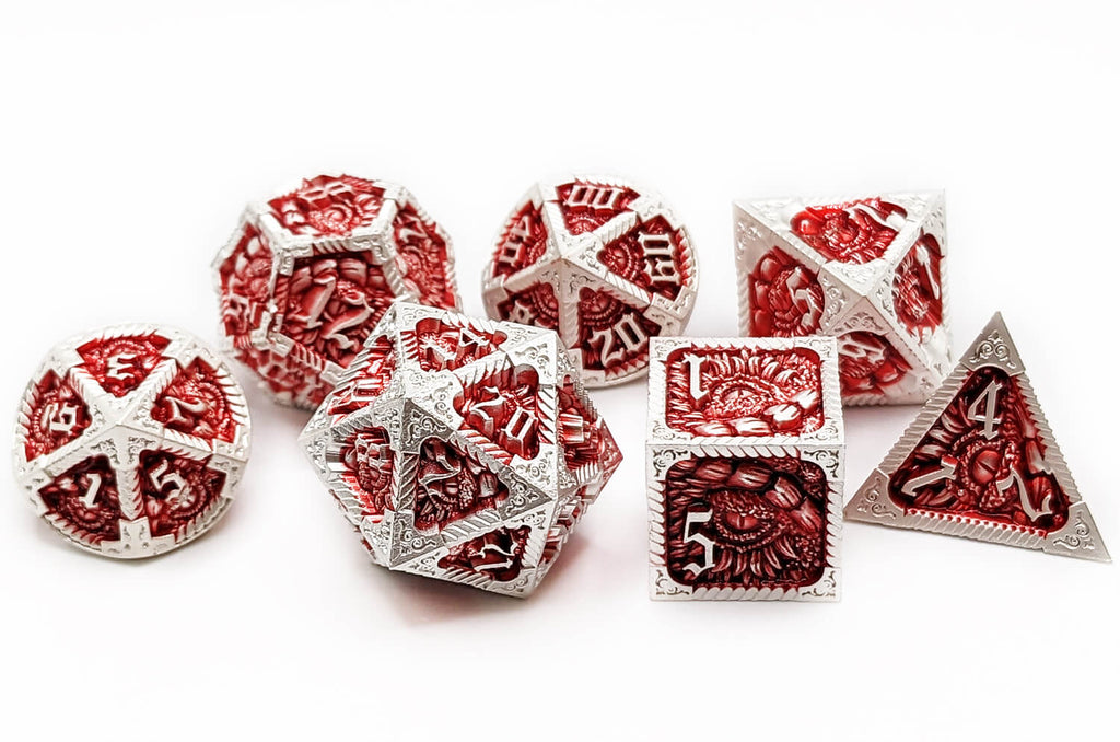 Epic Dragon eye metal dice in silver and red
