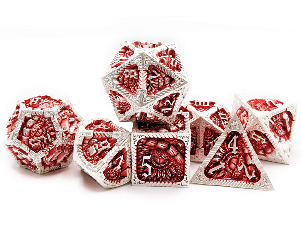 Metal Epic Dragon dice in silver and red at Dark Elf Dice