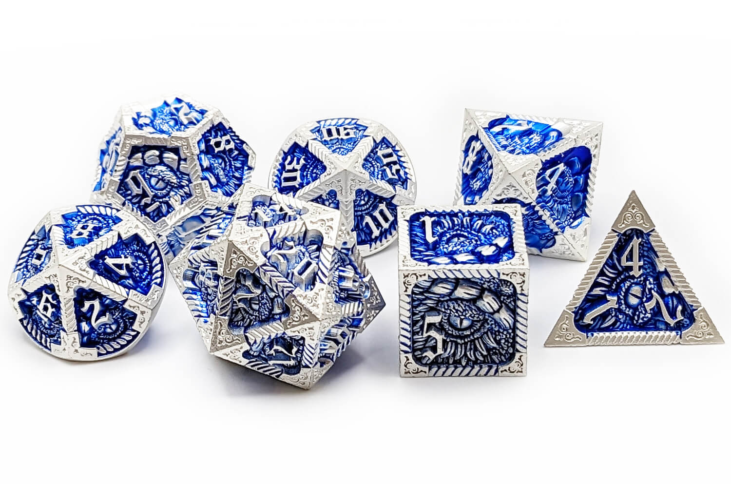 Epic Dragon Dice in silver and blue for dnd and other ttrpg games