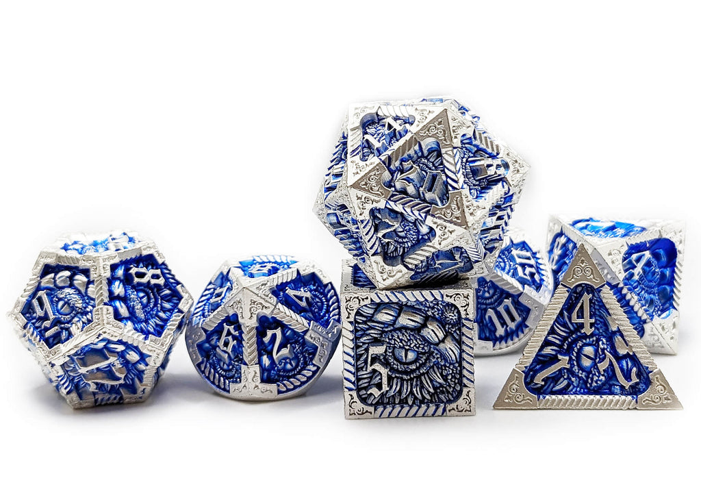 Epic Dragon metal dice in silver and blue at Dark Elf Dice