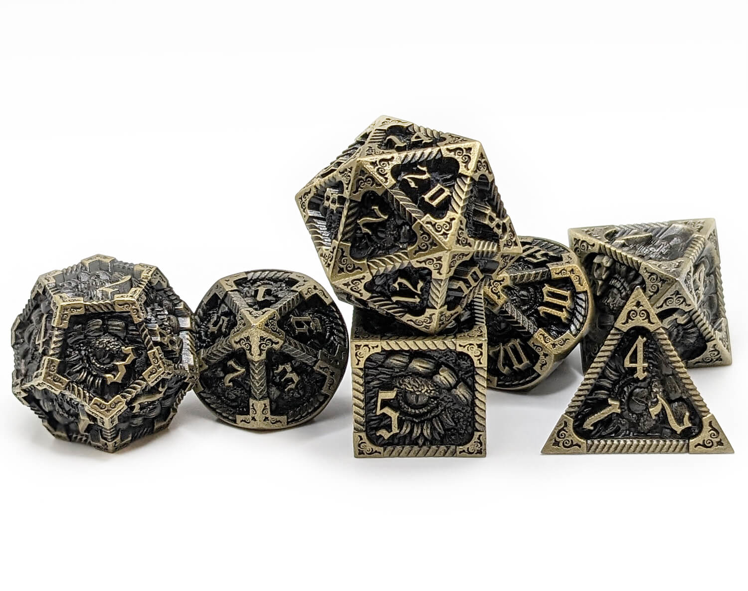 Antique gold Epic dragon dice at Dark Elf Dice