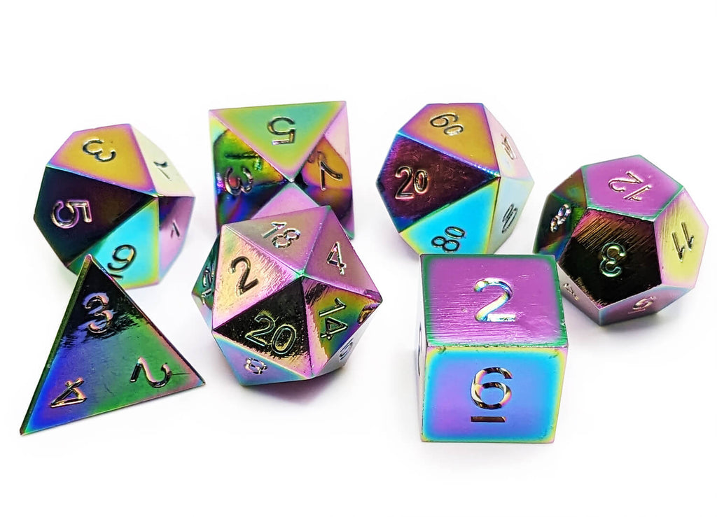 Rainbow Torched Metal Dice Set for DnD and other ttrpg games