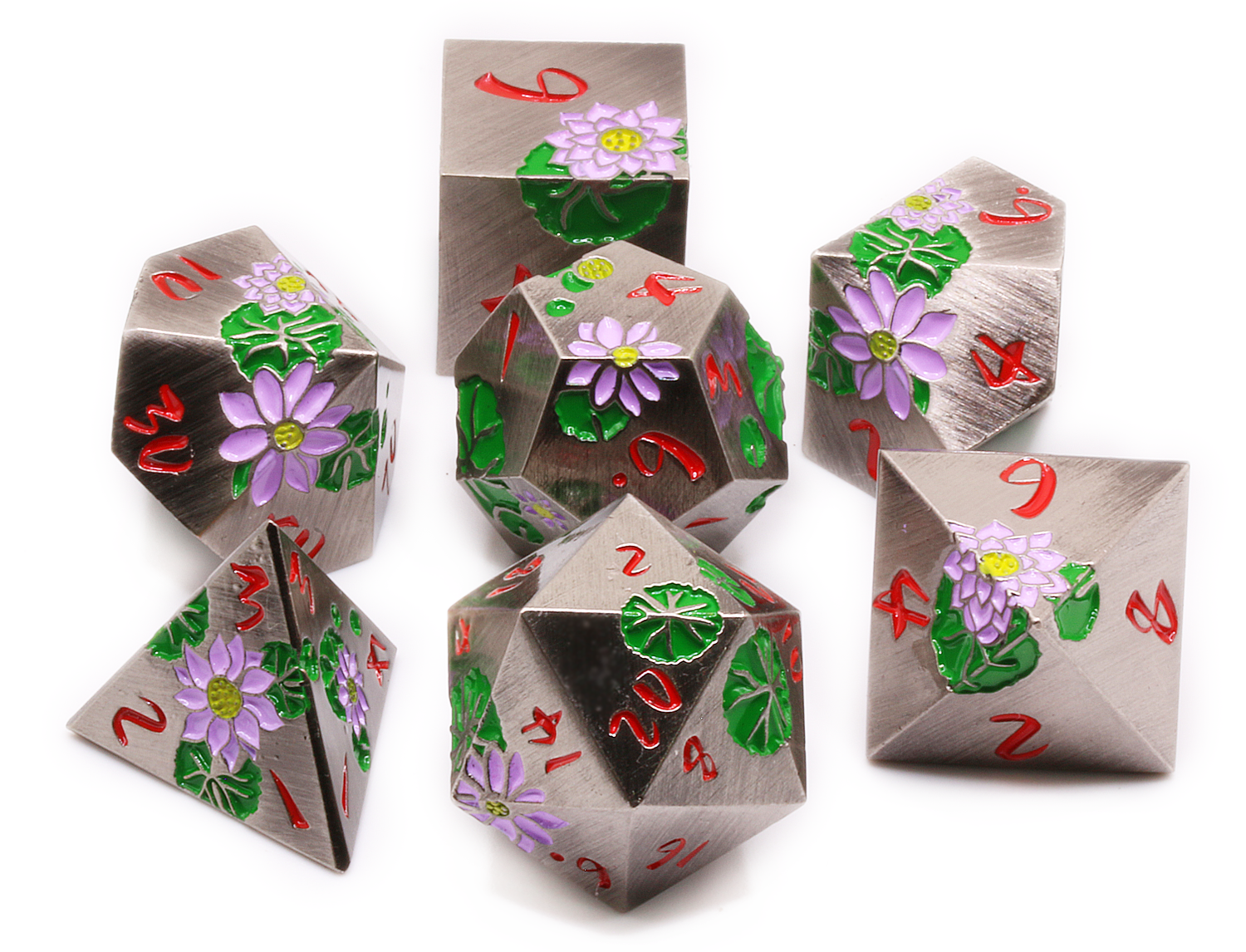 Lotus Garden Flower Dice Antique Silver at Dark Elf Dice