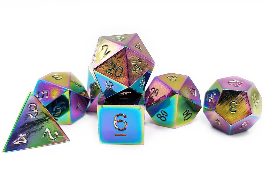 Gorgeous rainbow metal dice at dark elf dice