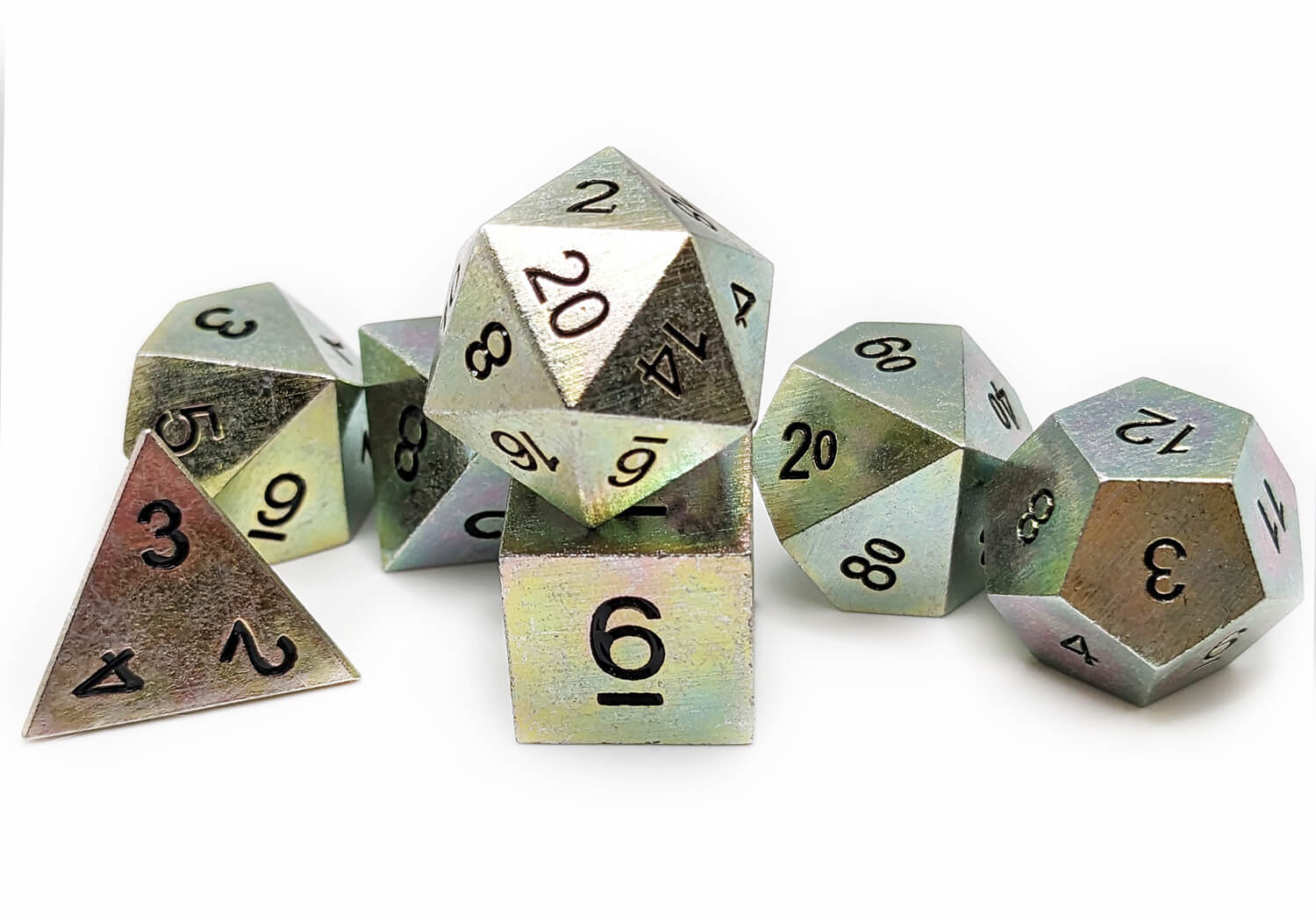 Cool battle hardened rainbow effect dice at Dark Elf Dice