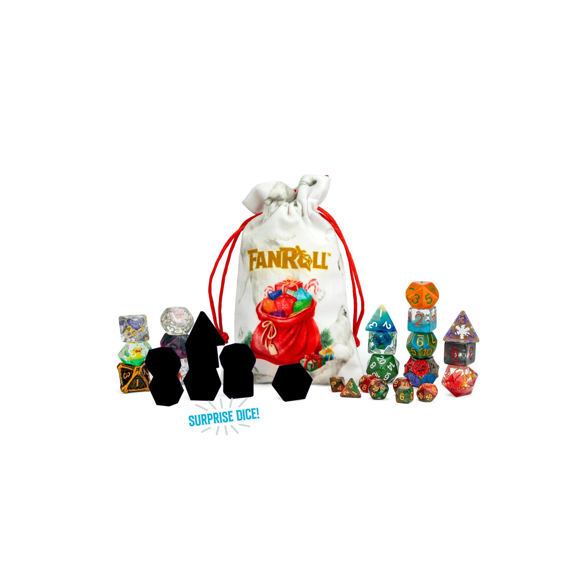 FanRoll 2026 Advent Dice Calendar featuring a Christmas drawstring dice bag, colorful polyhedral dice, and mystery surprise dice