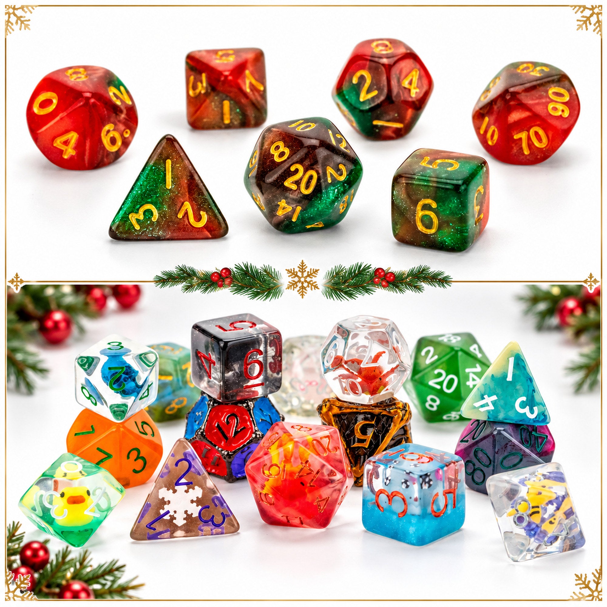Festive collage of red and green Christmas polyhedral dice and colorful tabletop RPG dice from the FanRoll 2026 Advent Dice Calendar