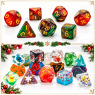 Festive collage of red and green Christmas polyhedral dice and colorful tabletop RPG dice from the FanRoll 2026 Advent Dice Calendar
