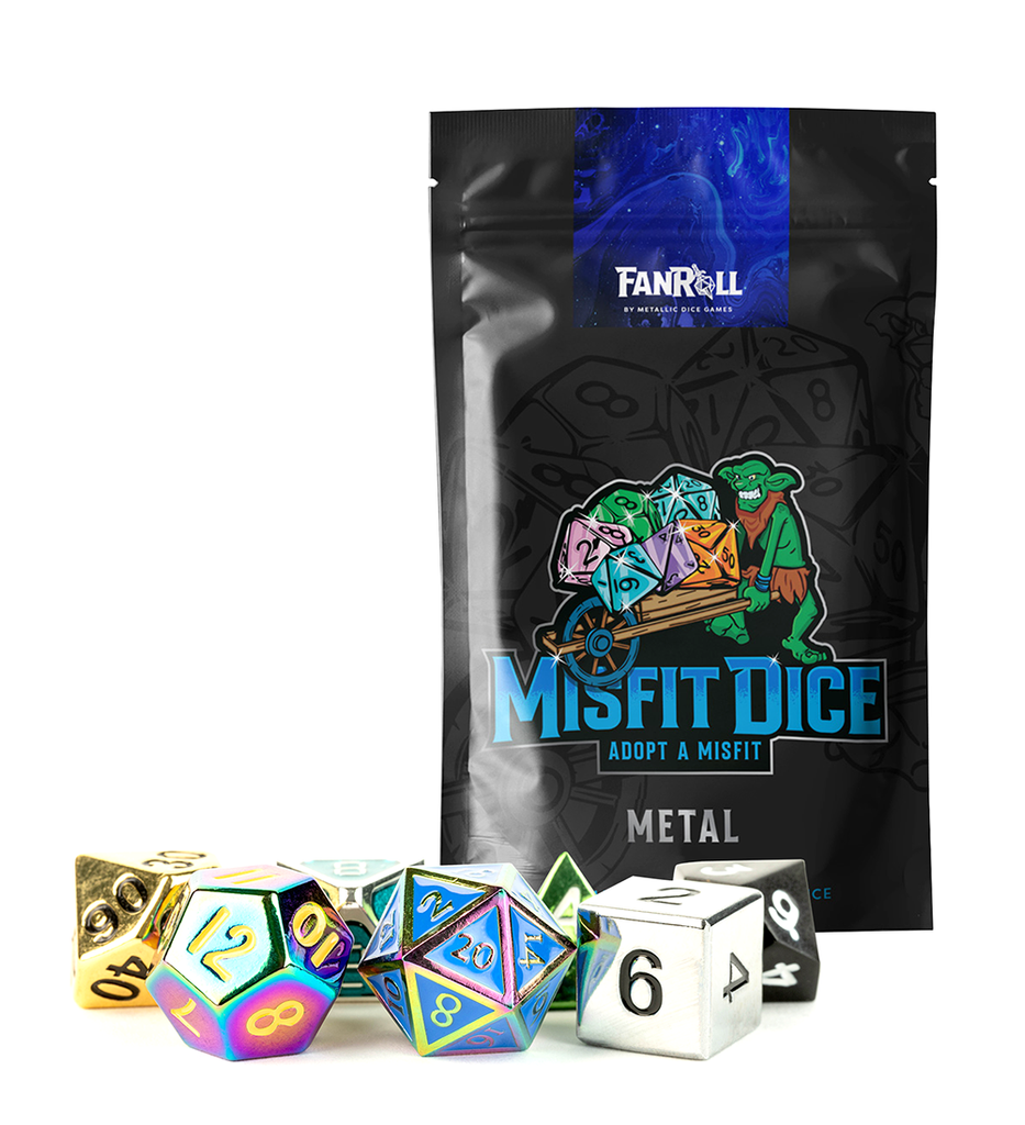 Metal mystery dice set for ttrpg games like dnd and pathfinder