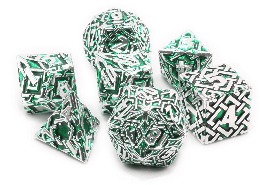 Celtic green and silver metal dice set at Dark Elf Dice