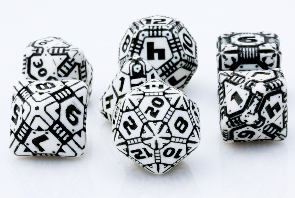 Tech Dice (White-Black) | RPG Role Playing Game Dice Set – Dark Elf Dice