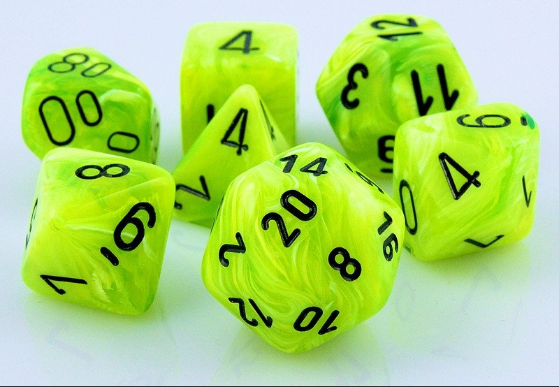 Dave's Dice 16mm Glow-in-the-Dark Green RPG Dice Set – 7+3d6 Polyhedral Dice With Bag