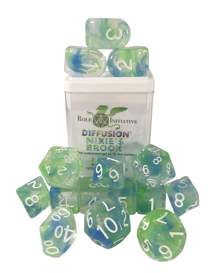 15 piece dice set for ttrpg Diffusion Dice (Nixie's Brook)