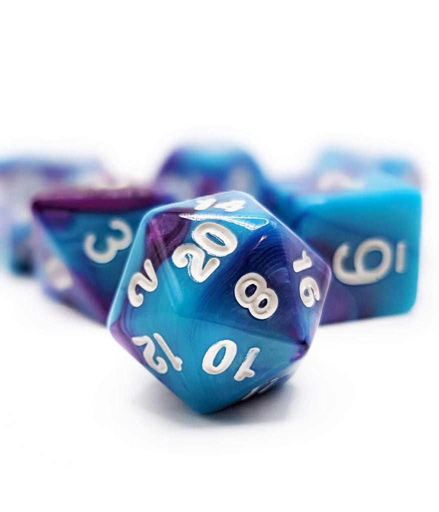 Blue and purple d20 for ttrpg games