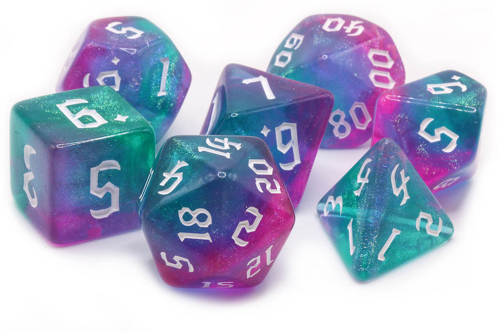 Purple and teal cantrip dice