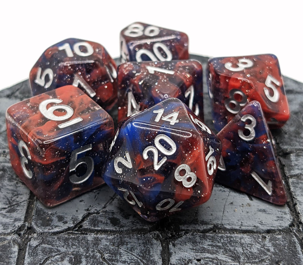 Closeup of Celestial Red and Blue Dice