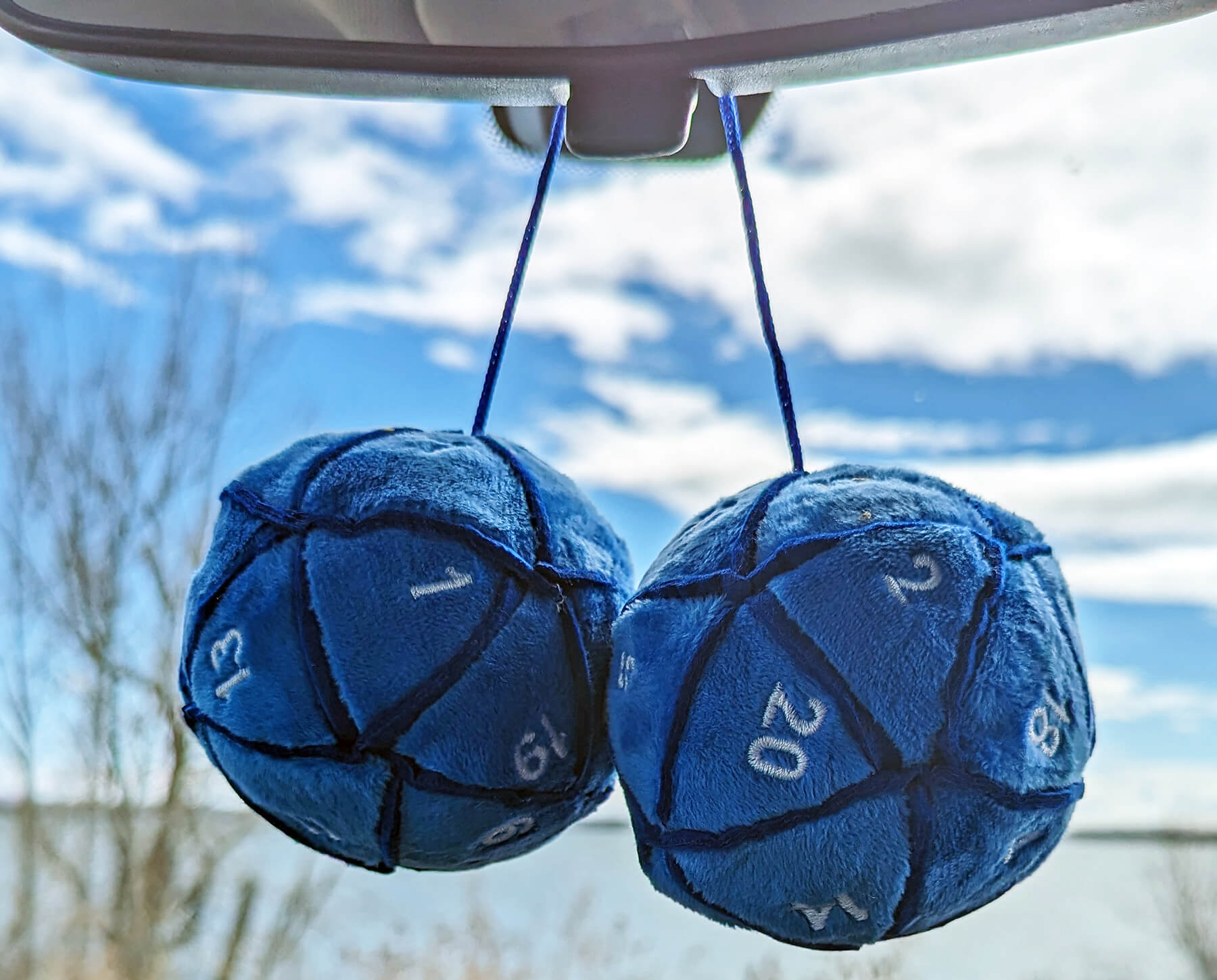 Fuzzy blue d20 dice danglers