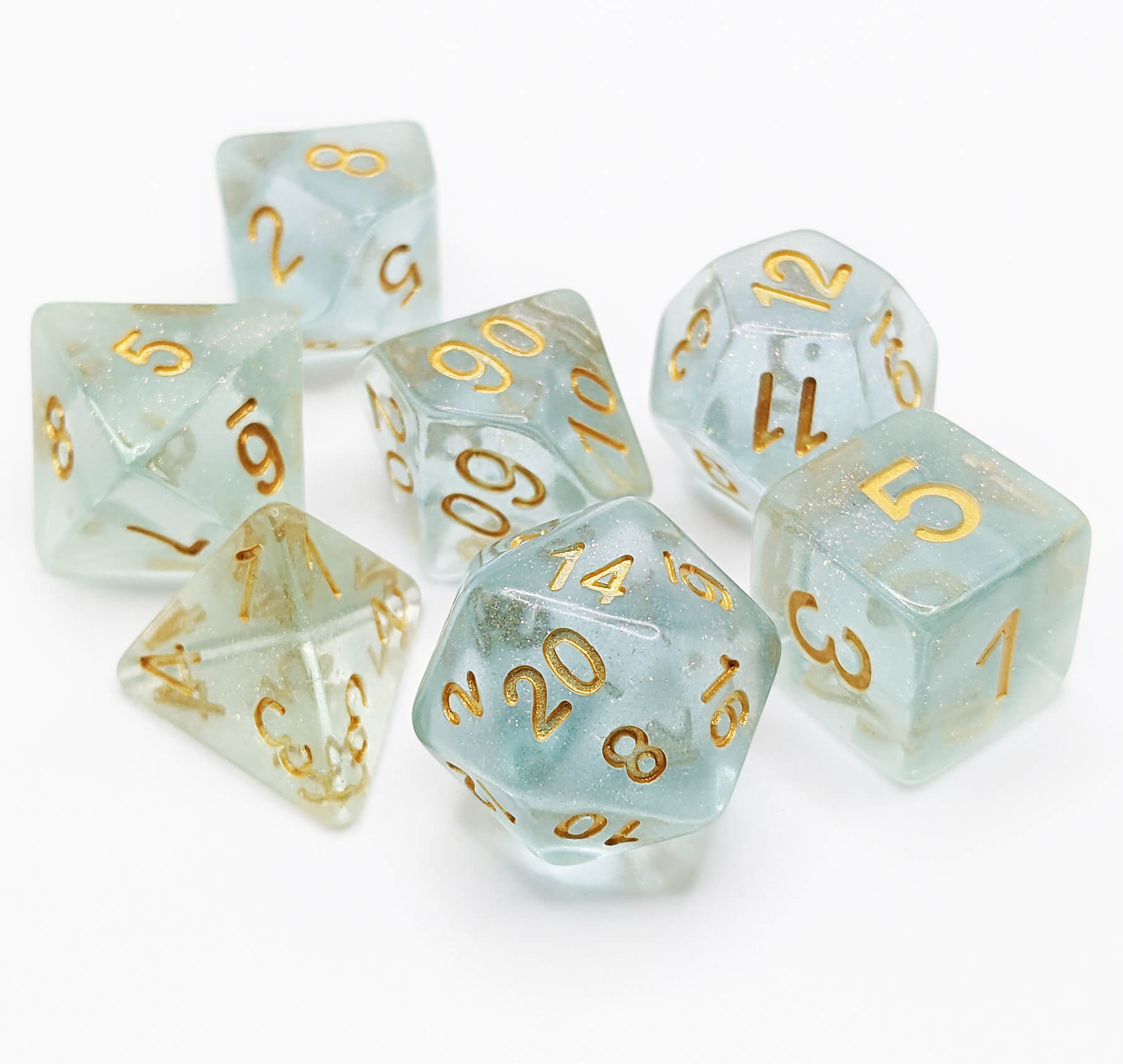 Diaphanous teal ttrpg dice set