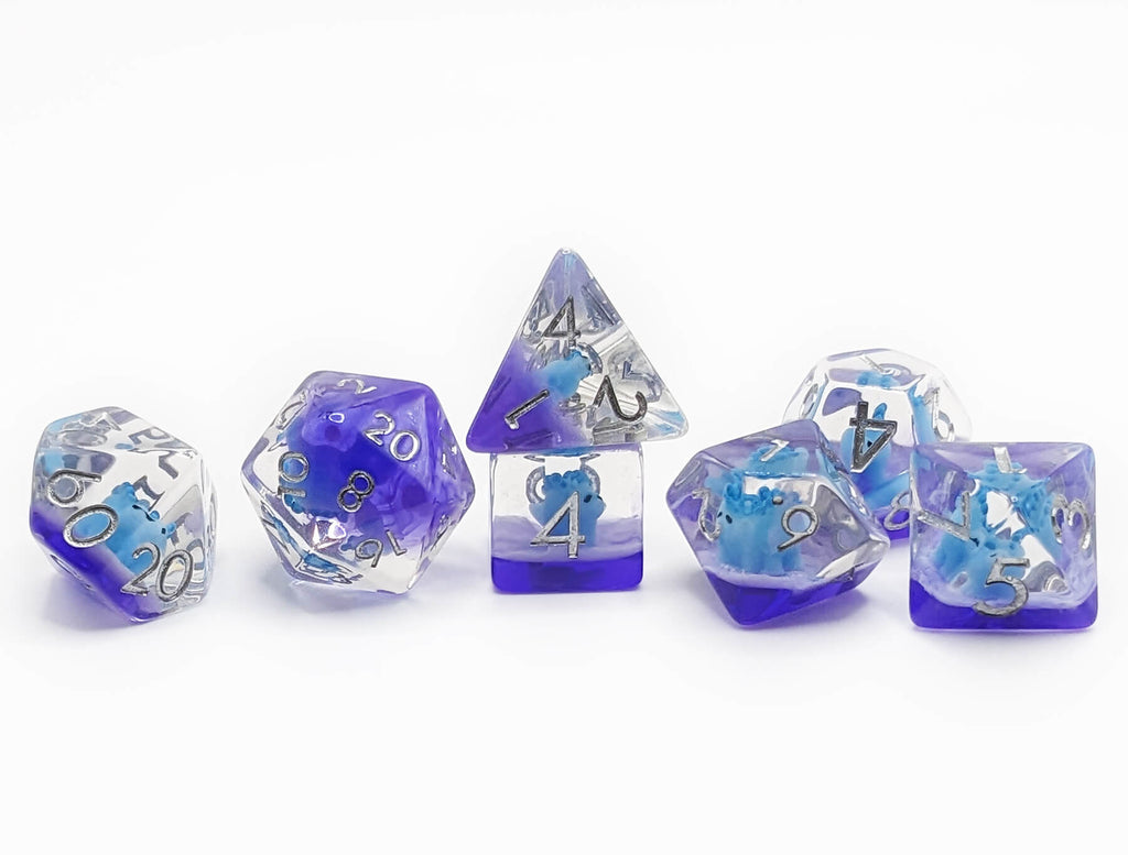 Blue and purple dinosaur dice for dungeons and dragons and other rpg games