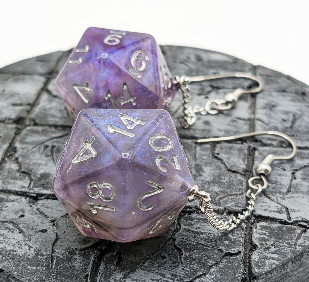 Purple D20 dice earrings