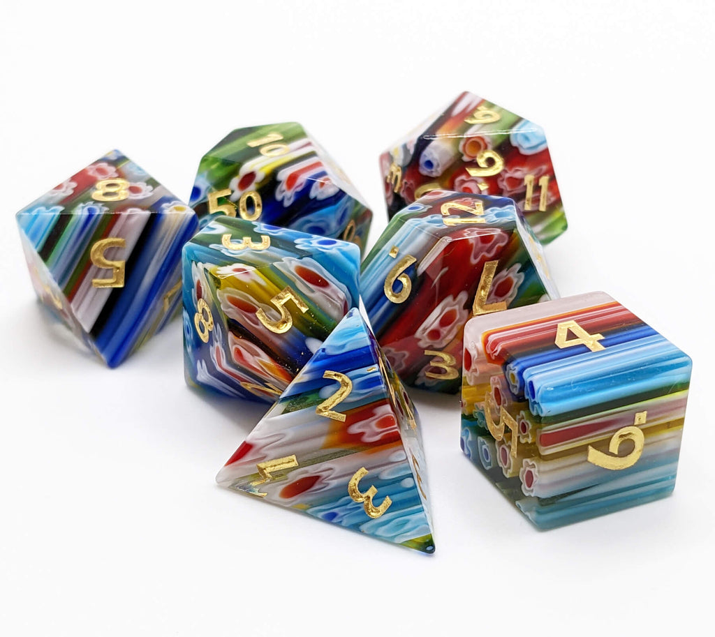 Beautiful art glass dice for ttrpg games