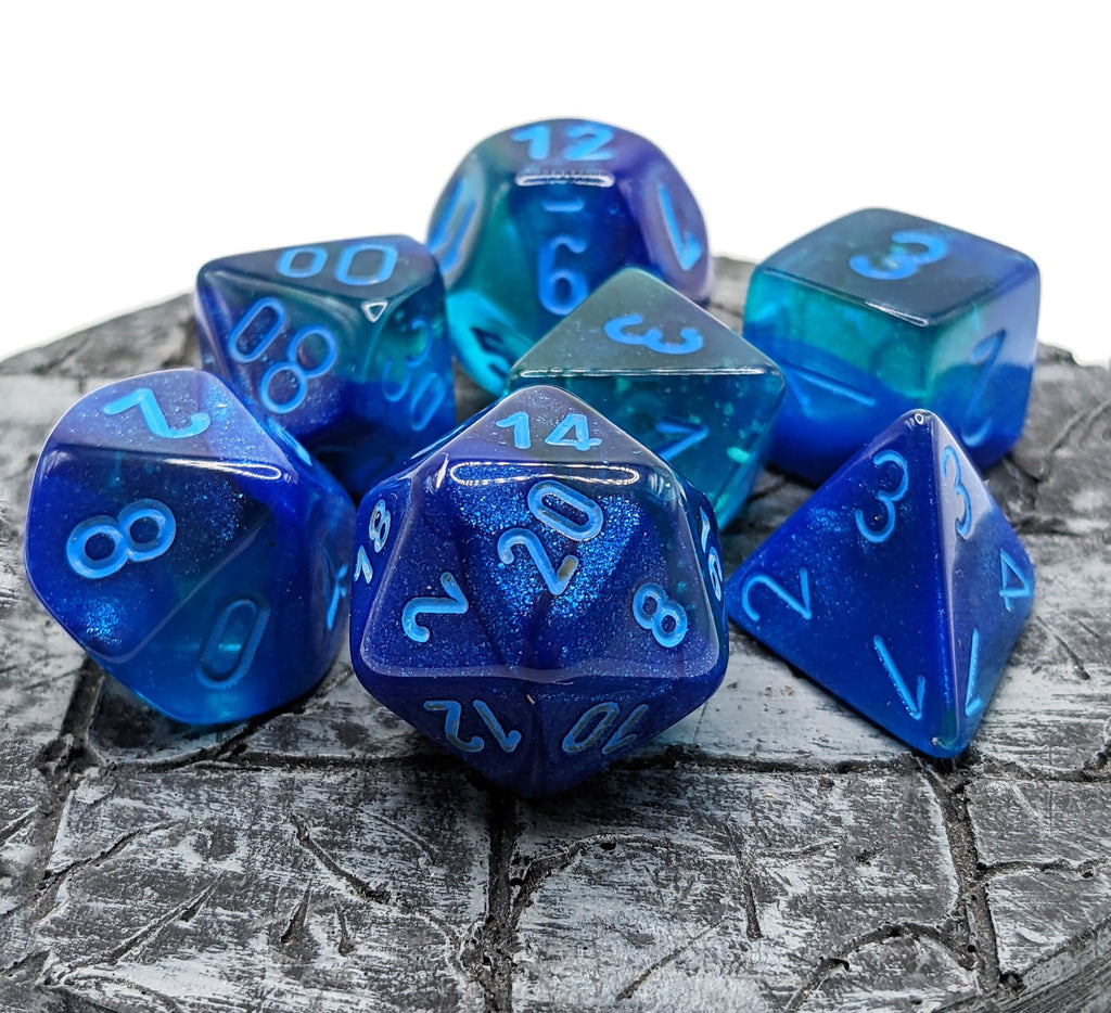 Gemini Blue-Blue dice with light blue numbers and glow in the dark luminary effect