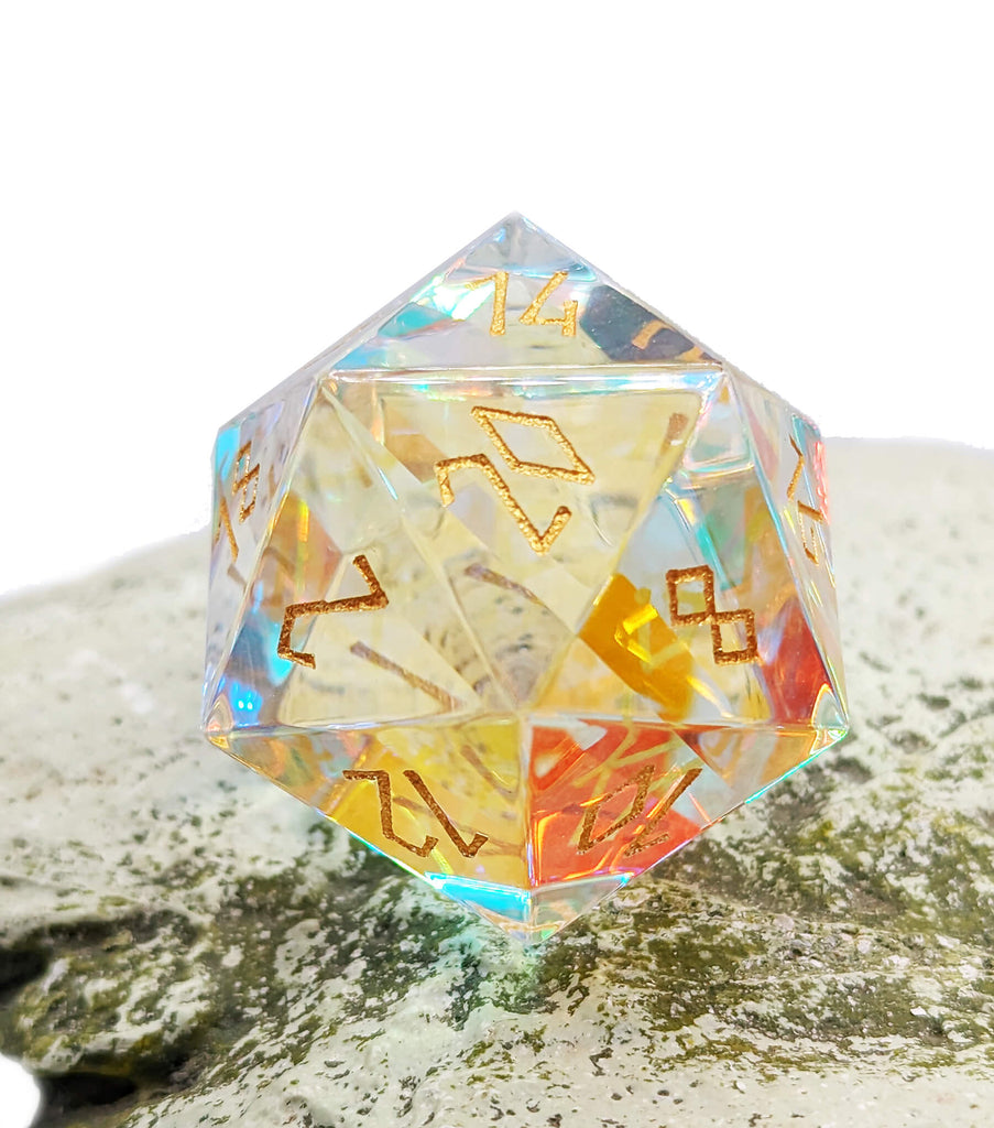 Dichroic Rainbow Glass d20 with gold numbers