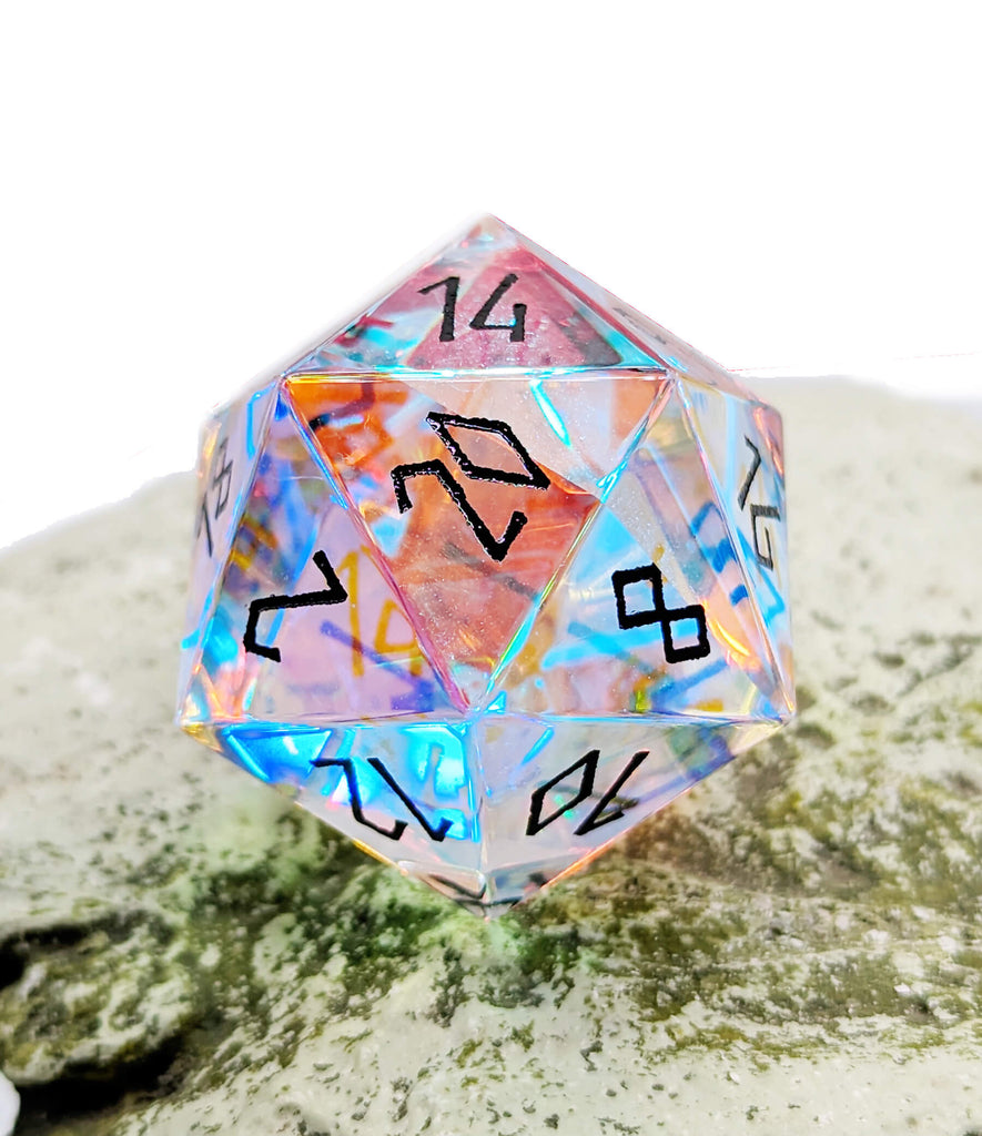 Dichroic Rainbow Glass d20 with black numbers