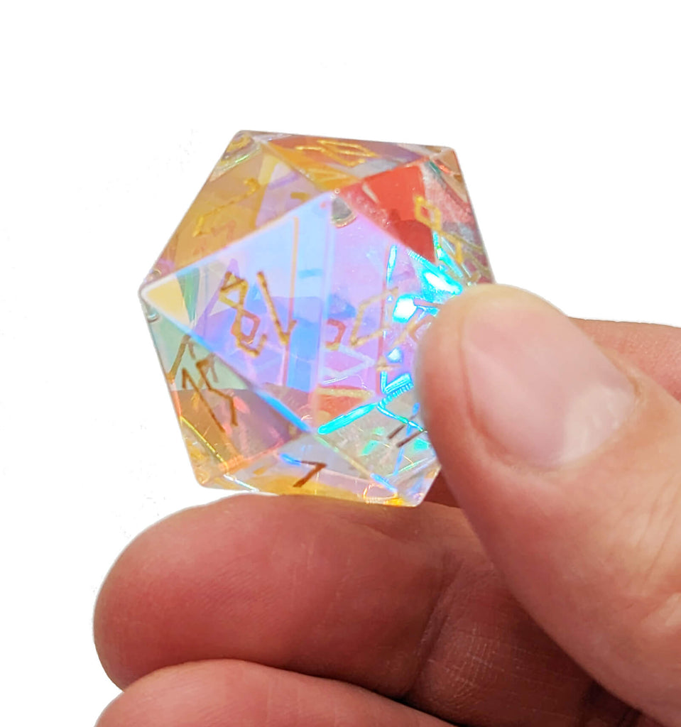 Beautiful glass d20 rainbow dice with gold font