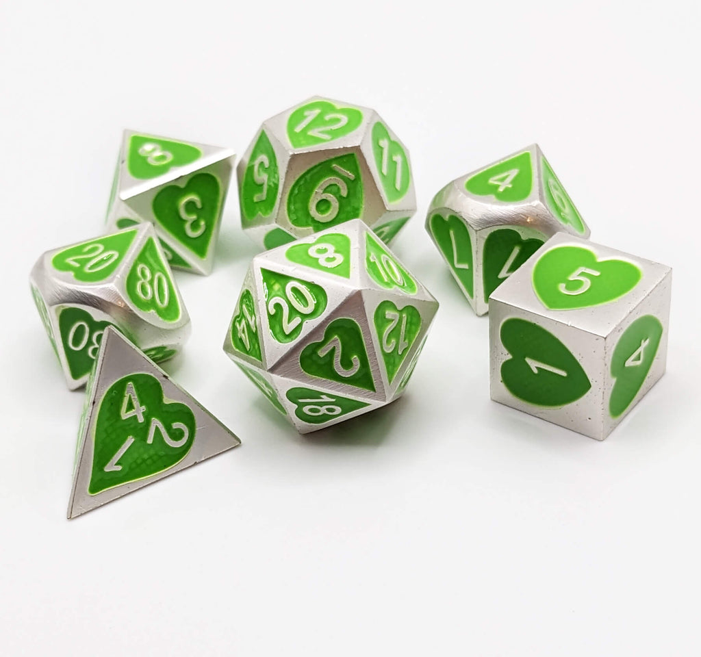 Lucky Kelly Green heart dice for dnd and other fantasy games