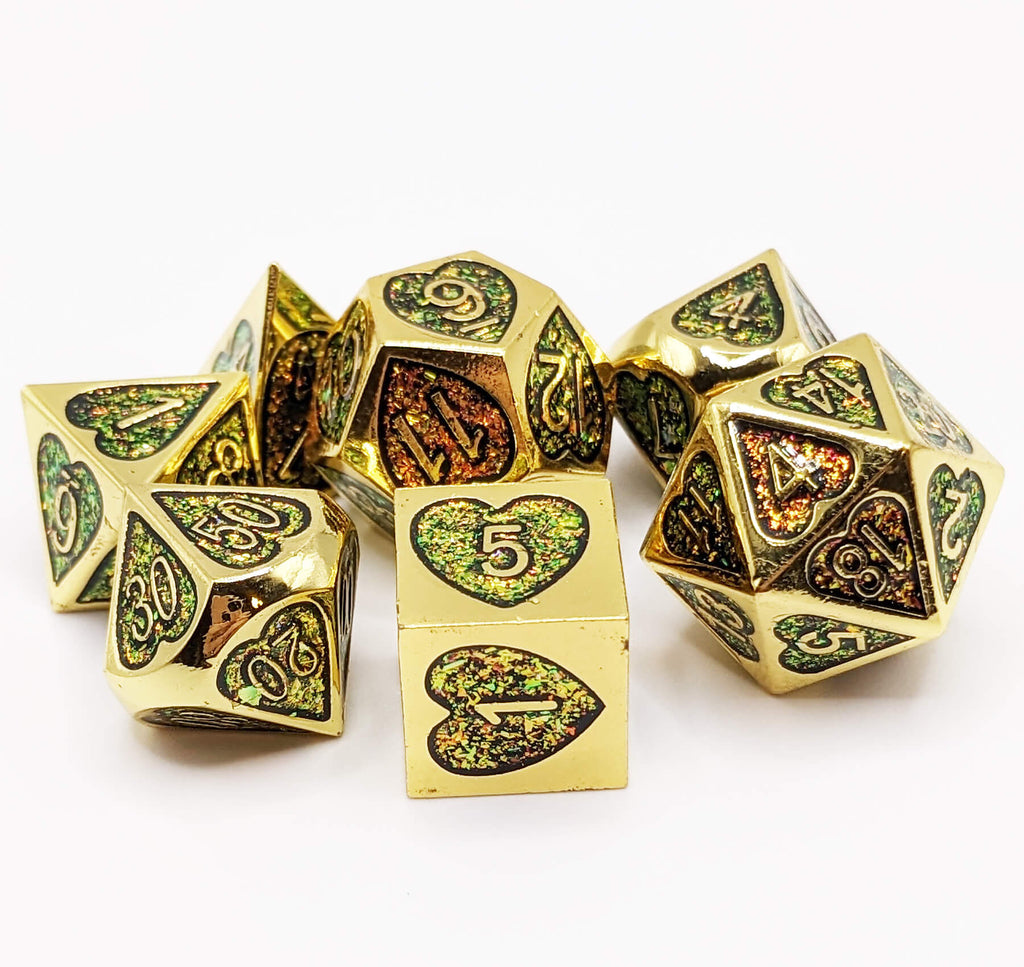 Heart Shaped metal dice with mica glitter inlay