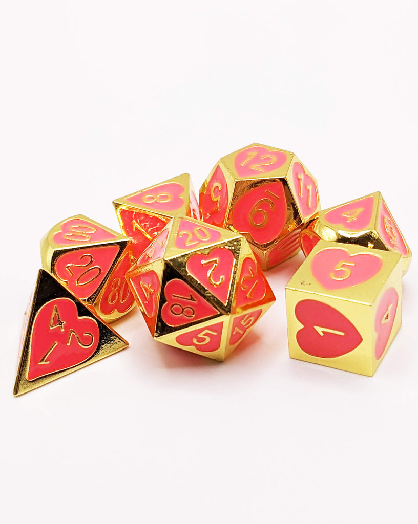 Metal gold and hot pink heart dice set