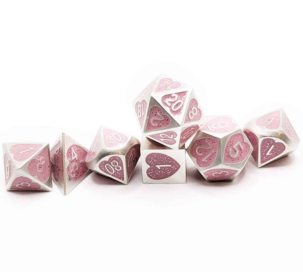 Polyhedral metal heart dice set pink