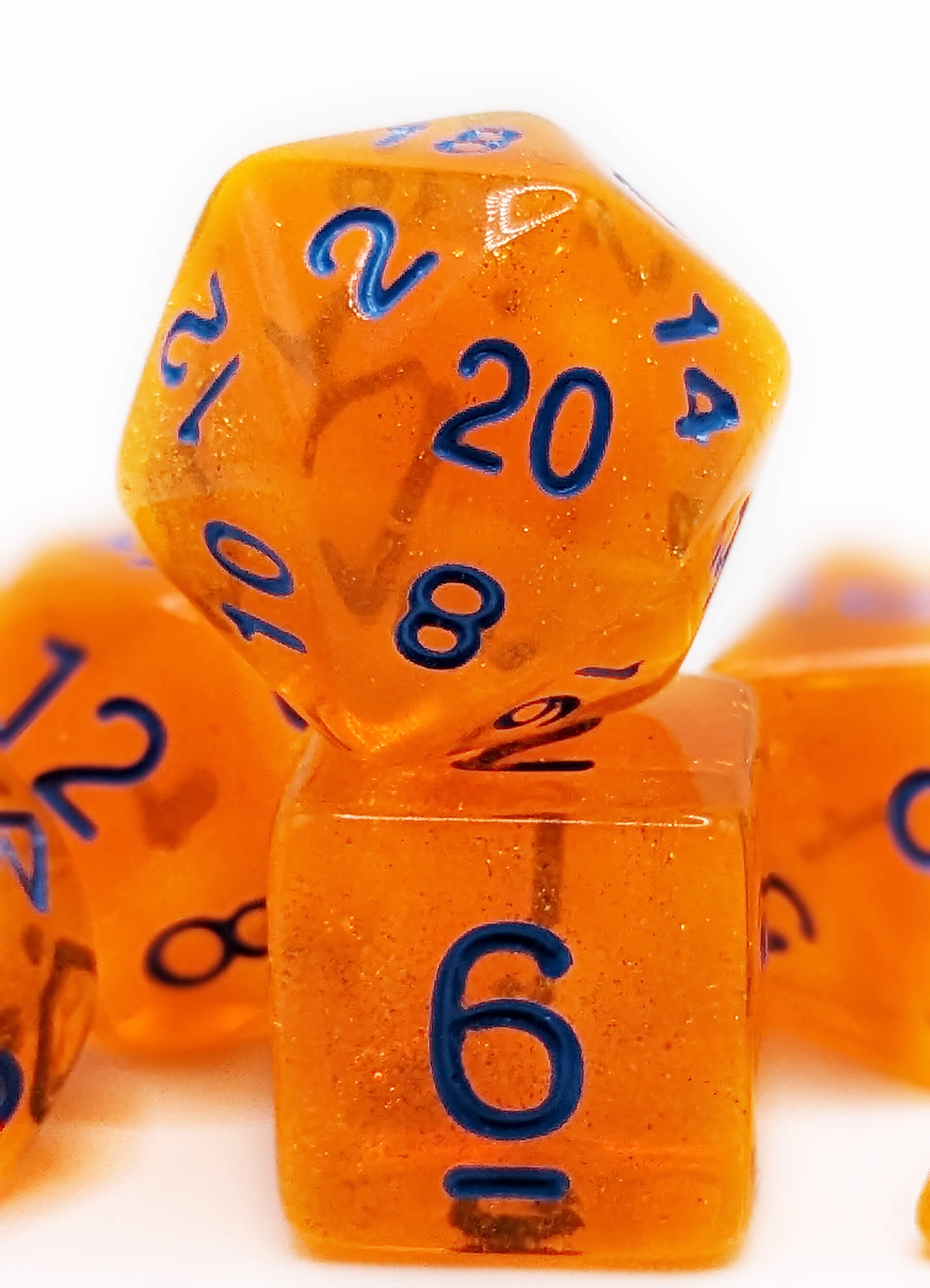 Glitter orange d20 dice set