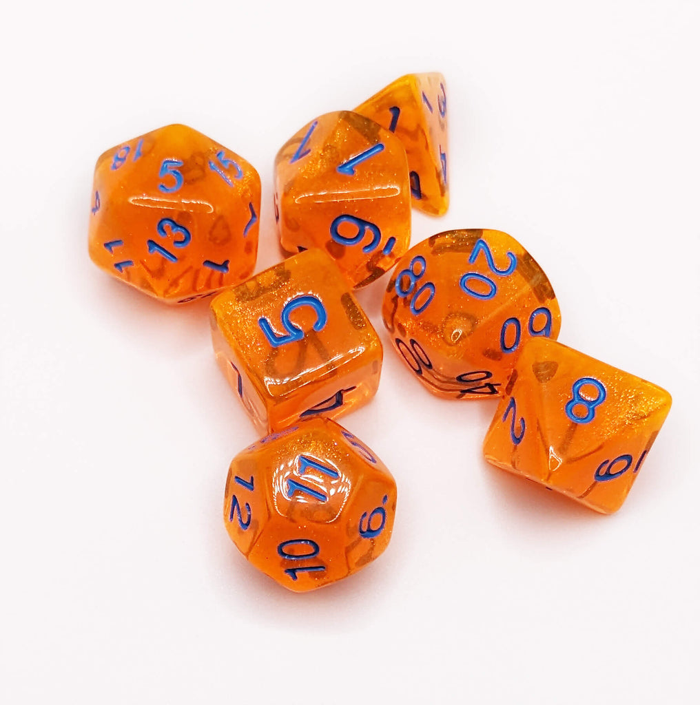 Beautiful orange dice for dnd and other rpg games