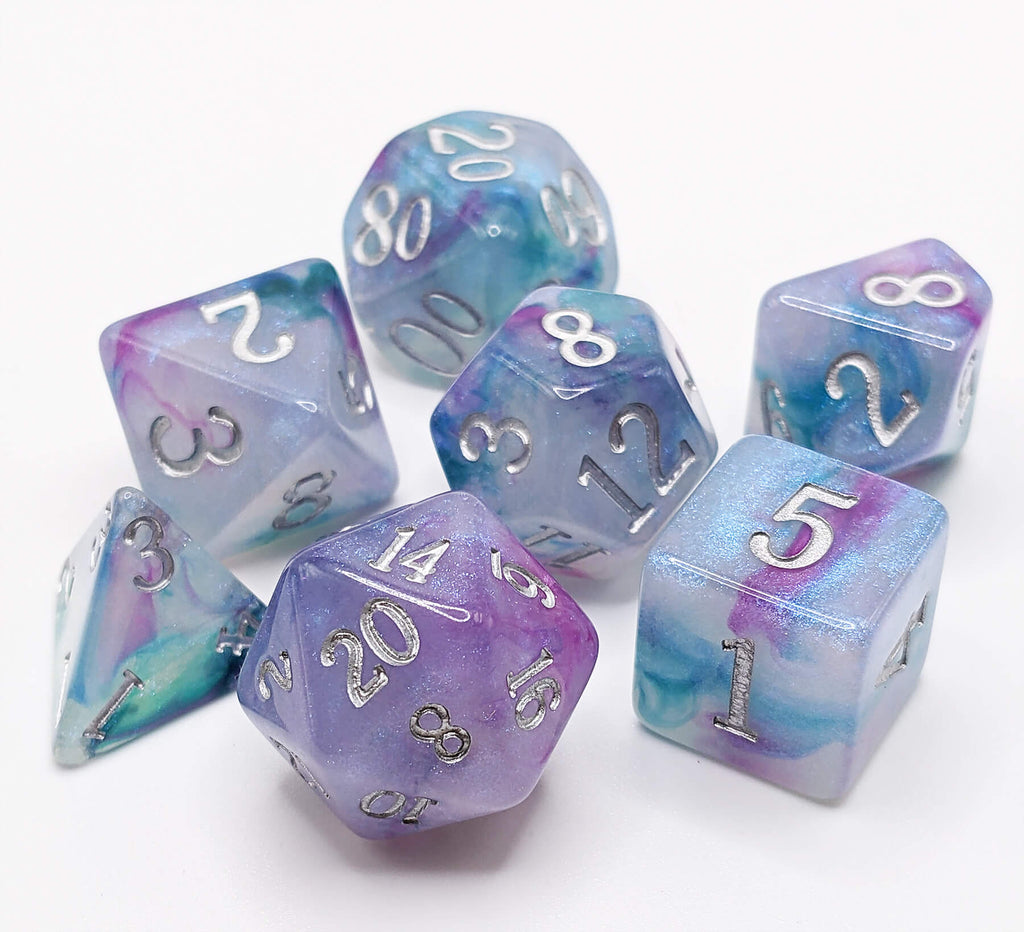 Blue and purple iridescent ttrpg game dice