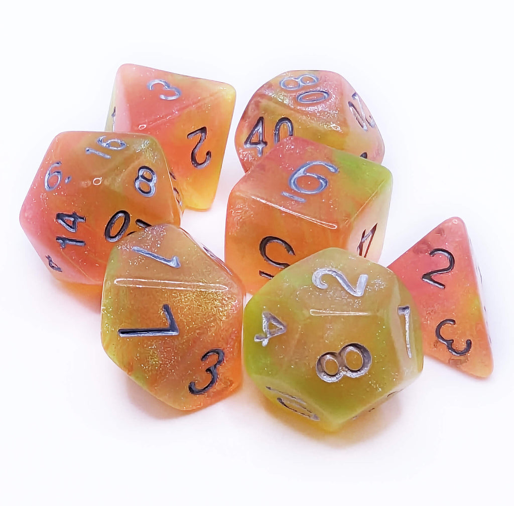 Orange and yellow dice for ttrpg iridescent color