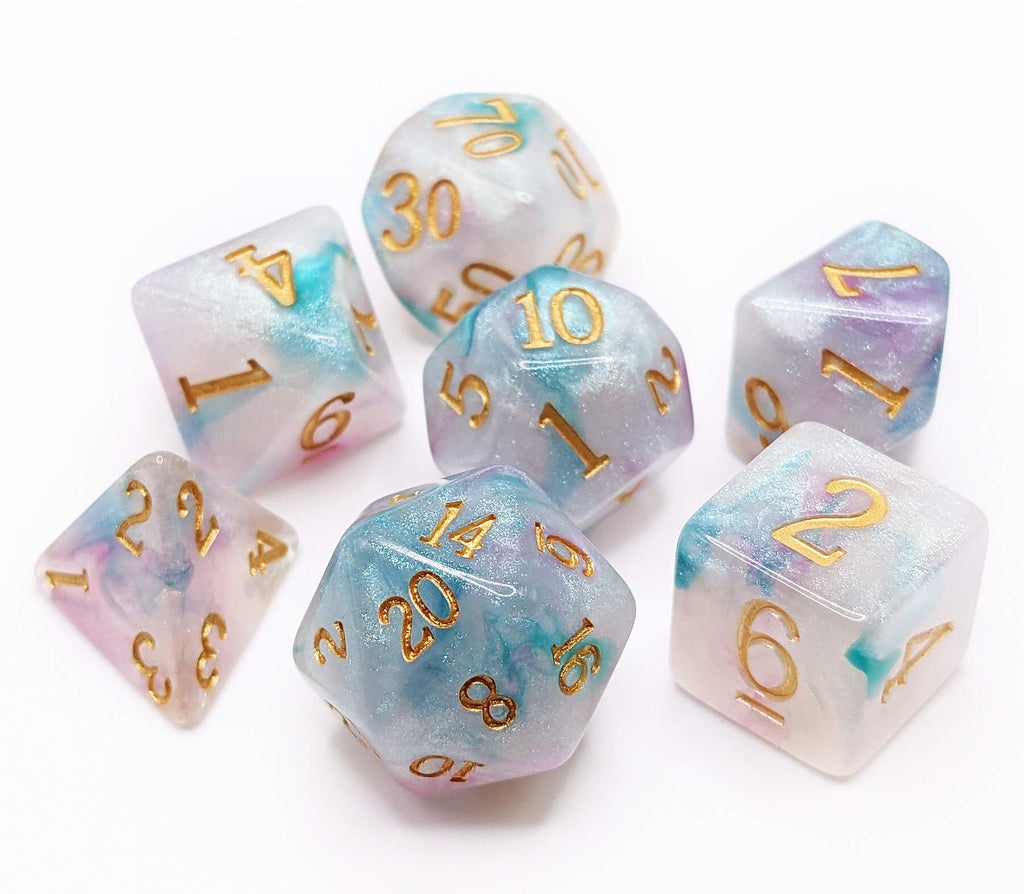 Teal and pink game dice for dungeons and dragons games