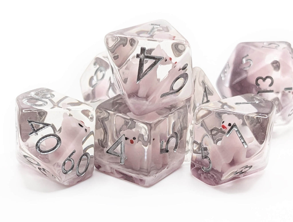 Pink Llama dice set with silver numbers
