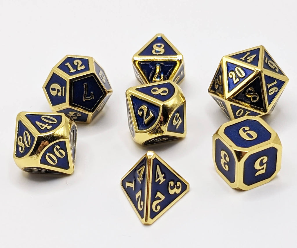 Blue and gold metal dice for ttrpg games