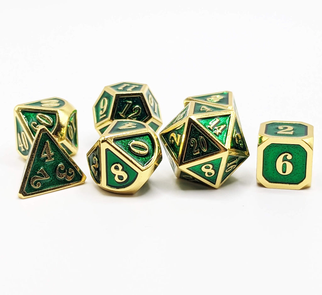 green and gold metal dice set