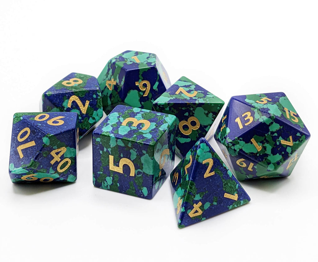 green and blue gemstone dice set
