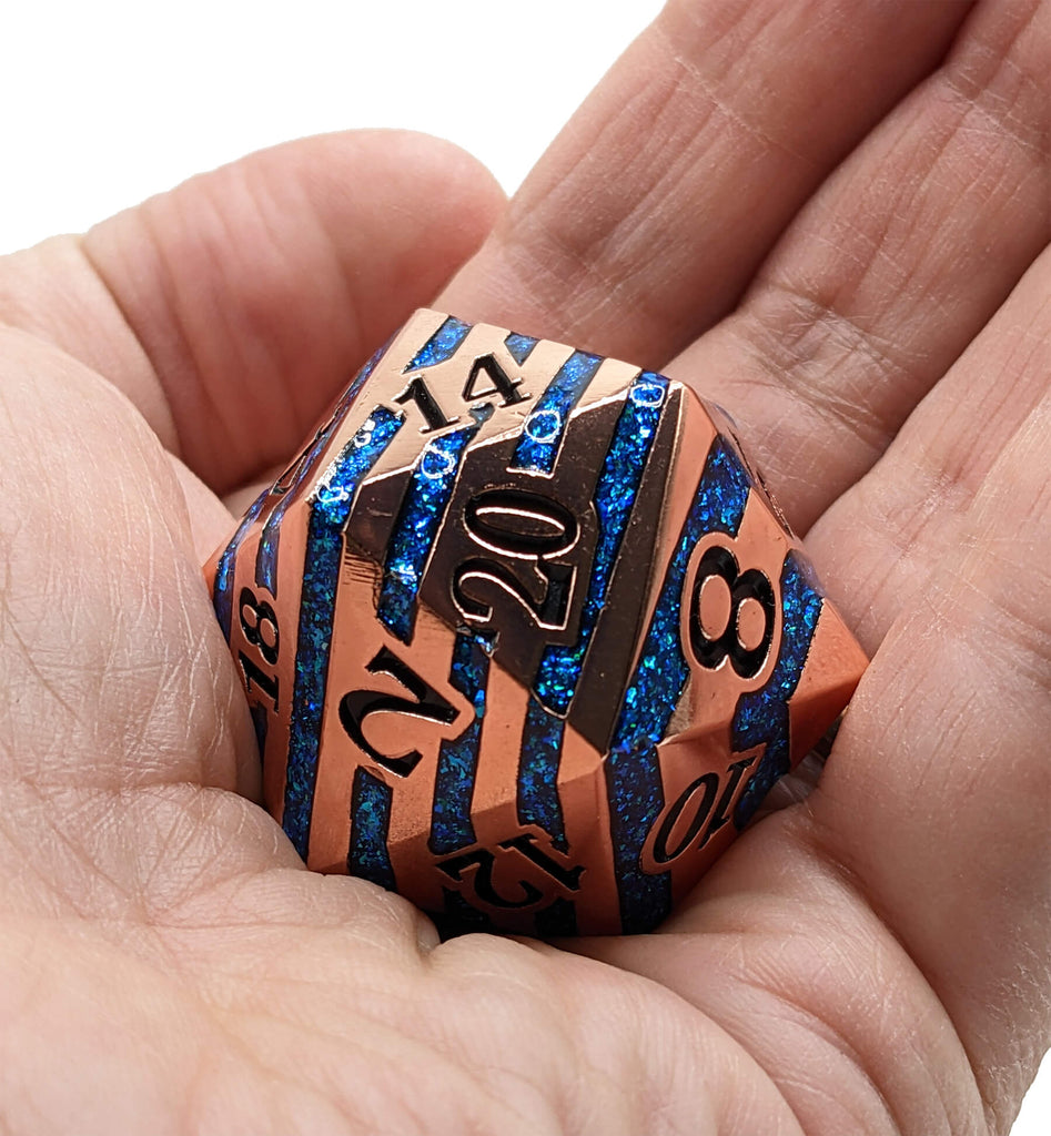 Giant copper and blue d20 dice