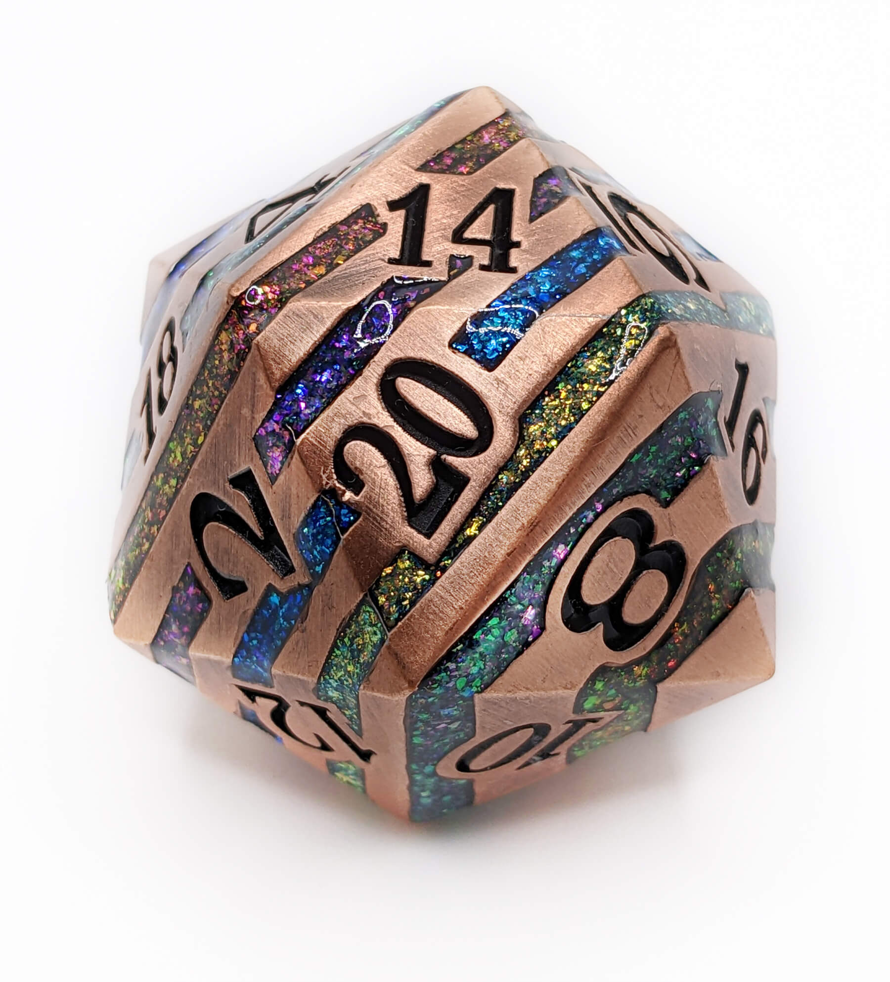 giant 33mm antique copper d20 ttrpg dice